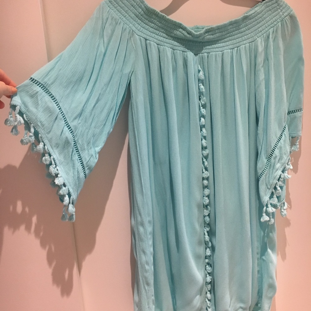 Blue, Off-the-Shoulder, Pom-Pom Dress