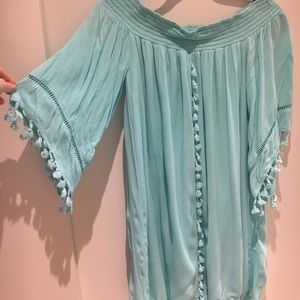 Blue, Off-the-Shoulder, Pom-Pom Dress