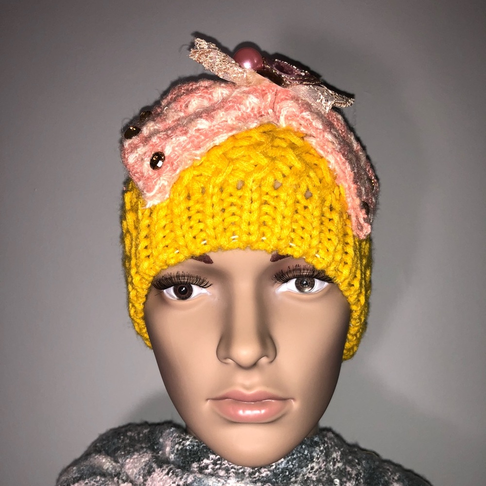 Lovely mustard colored hat with flower designs