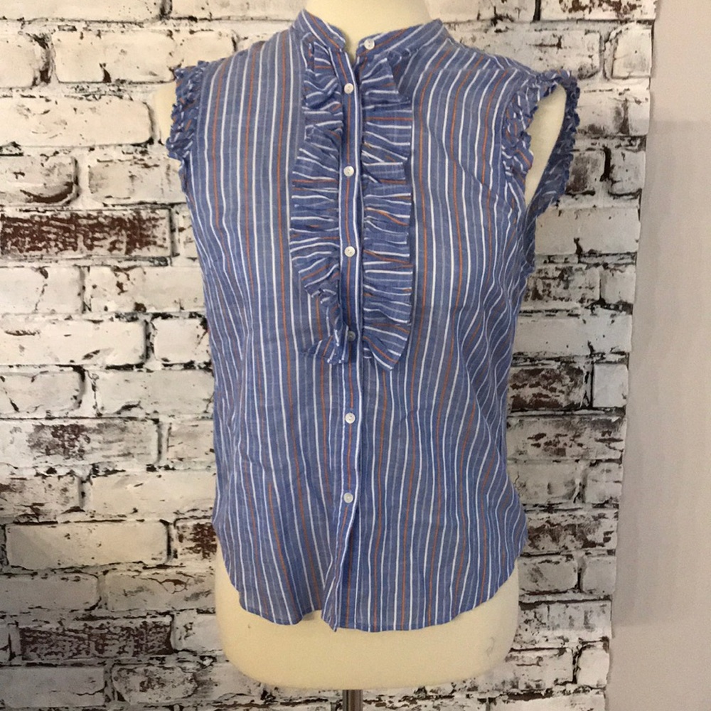 J.Crew Sleeveless Pinstripe Ruffle Button-down