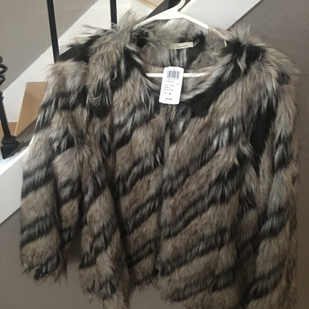 Black/cream faux fur coat