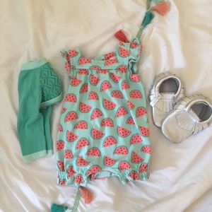 Watermelon Romper w/ mint cardigan