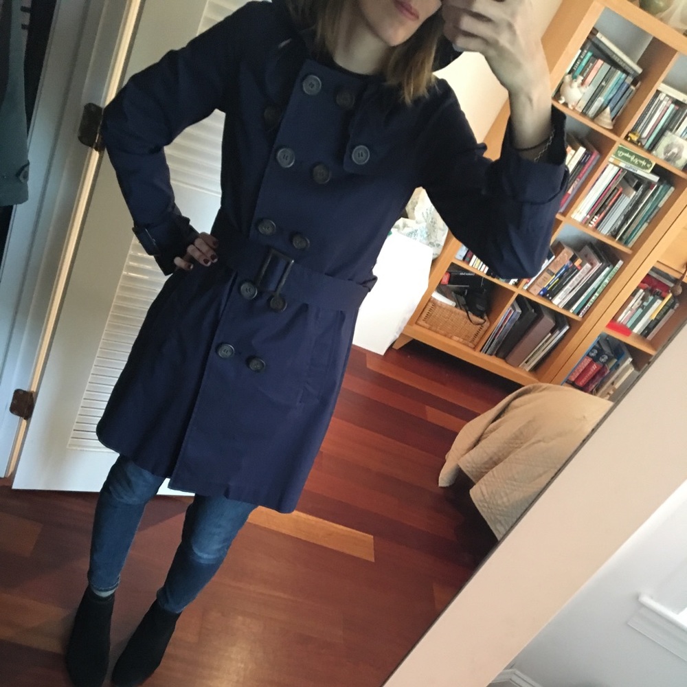 Navy blue trench coat with hood