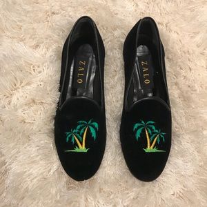 Black loafers by Zalo with palm trees on them