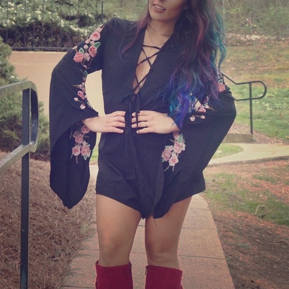 Other - Rose embroidered black romper