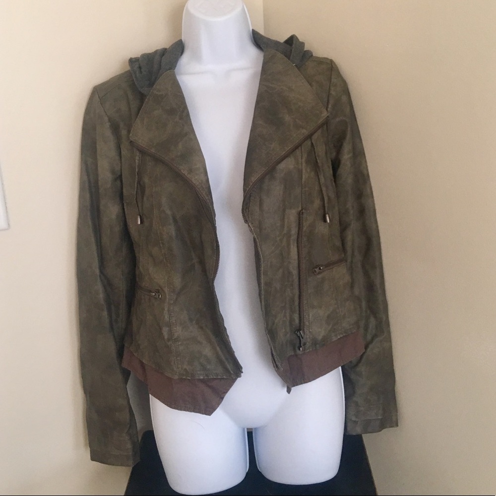 Olive Distressed Leather Jacket With Hoodie