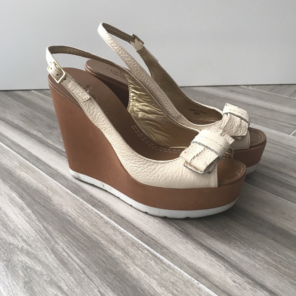 Kate Spade Off White Wedge Front Bow Peep Toe