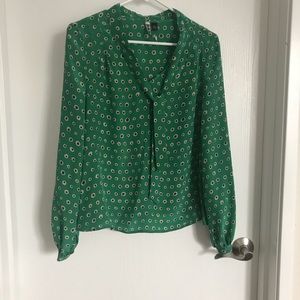Green and navy silk blouse