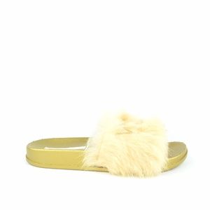 Women's Embroidered Yes/No Gold Fur Flat Slide