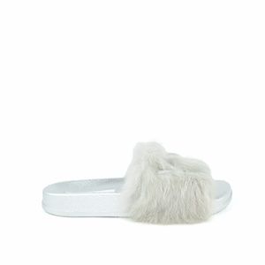 Women's Embroidered Yes/No Silver Fur Flat Slide
