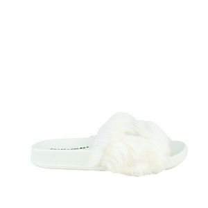 Women's Embroidered Yes/No White Fur Flat Slide