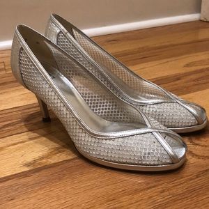 Stuart Weitzman silver peep toe heels