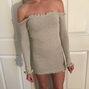 In The Style Bardot Sweater Dress, tan & white