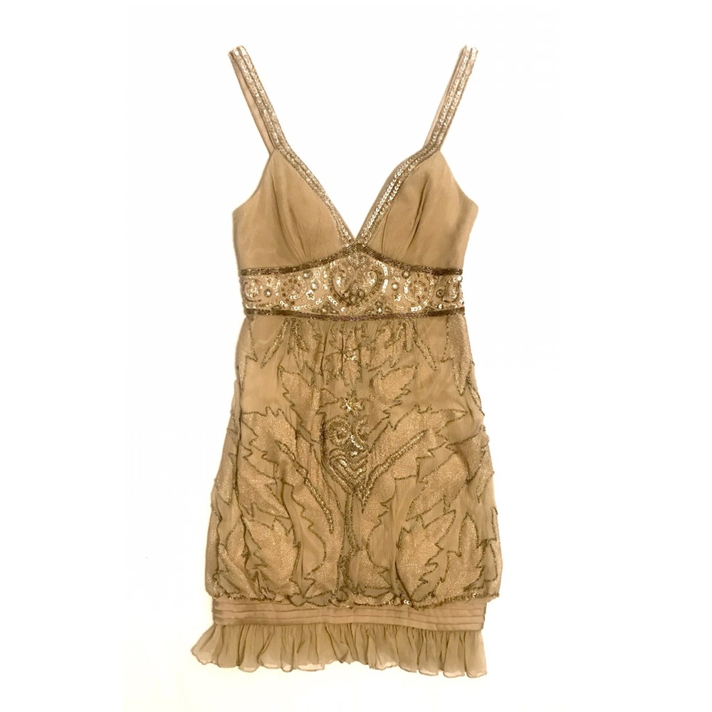 Sue Wong Gold Beaded Cocktail Dress