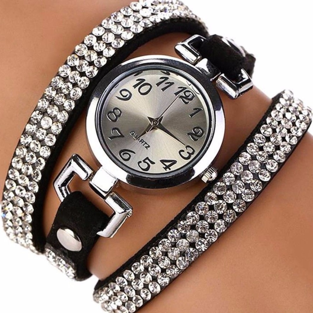 Black Rhinestone Leather Watch