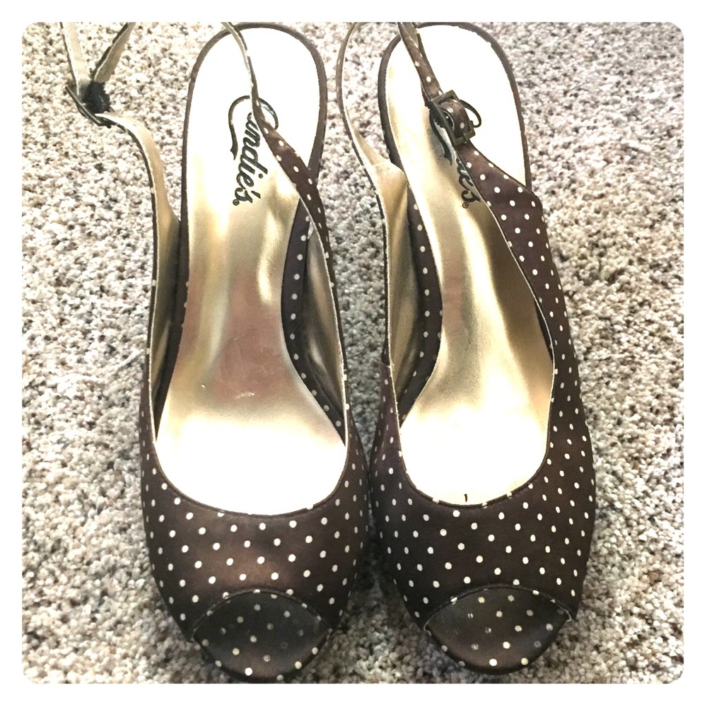 Candie’s Heels, Brown & white polka dot, size 8