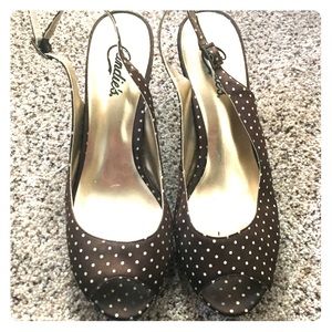 Candie’s Heels, Brown & white polka dot, size 8