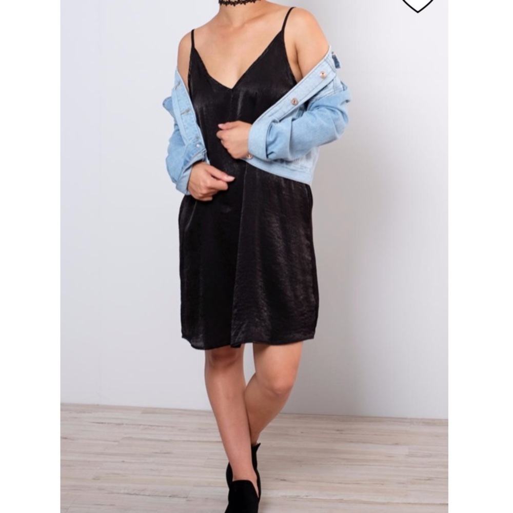 {She and Sky} Black Satin Slip Dress, M