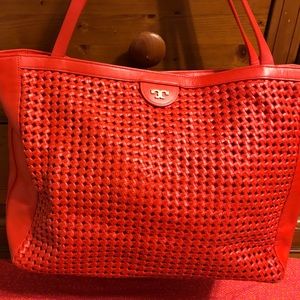 Tory Burch Erica Weaver Leather Tote Bag Poppy Red