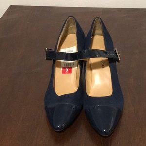 Blue, suede-like Mary jane heels.