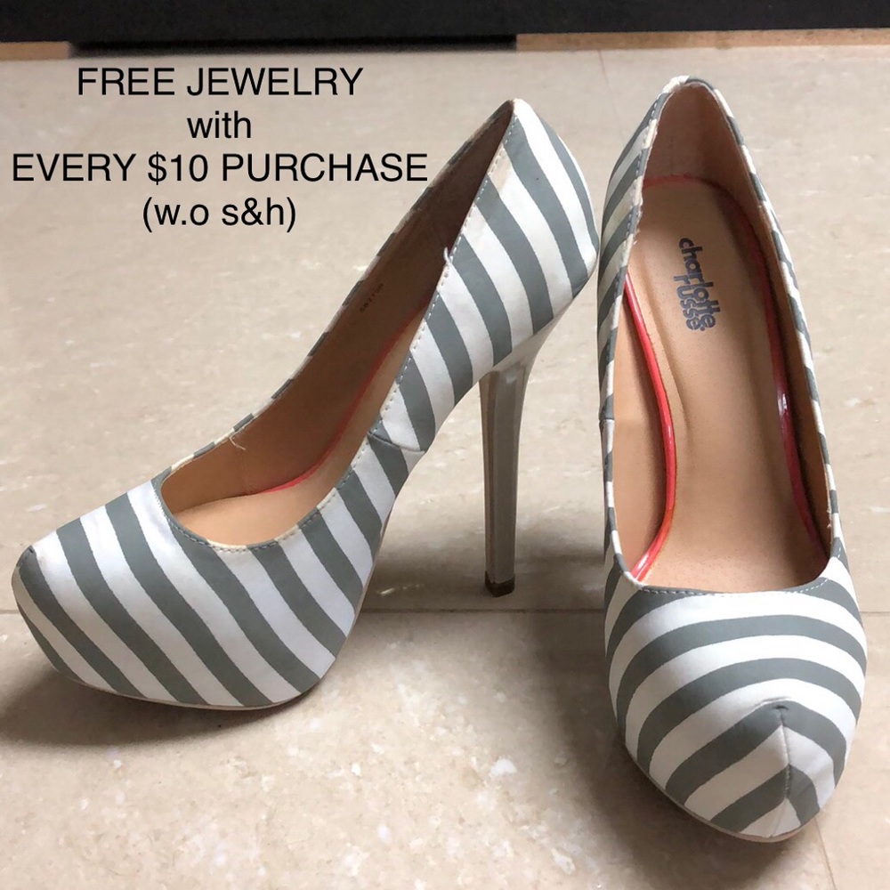 Charlotte Russe Grey and White Stripe Heels 7.5