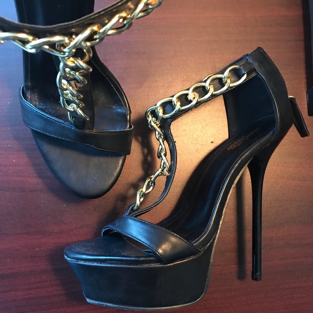 Gold Chain T Strap Platform Heels