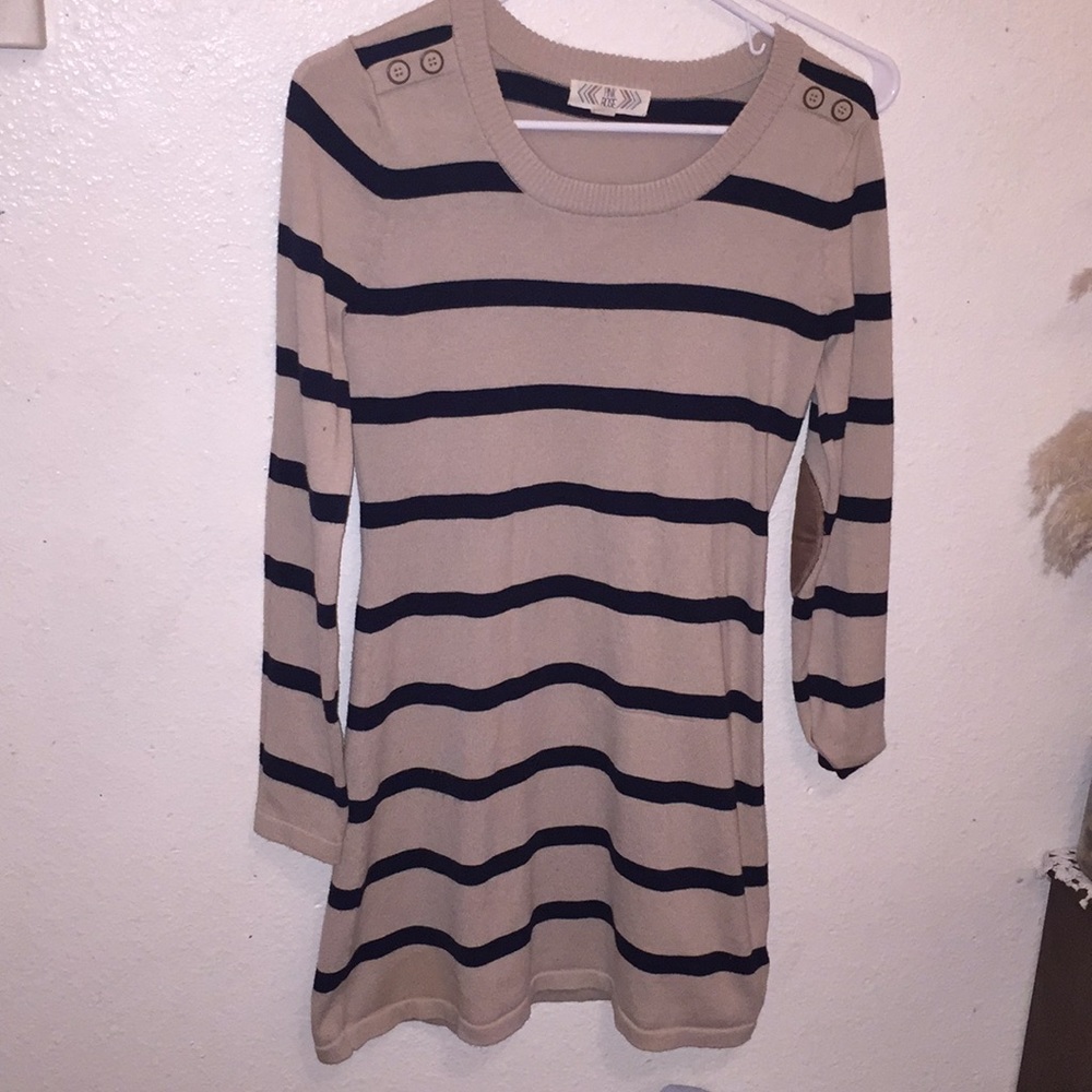 Cute tan sweater dress with elbow patches