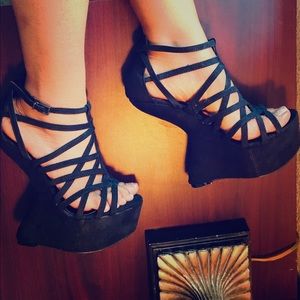 Strappy Caged Black Wedge Heels