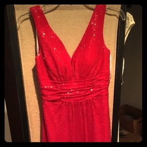 Red Christina Wu sequin bridesmaid dress