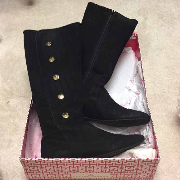 Elaine Turner Black Croc Print Suede Boots - Picture 1 of 5