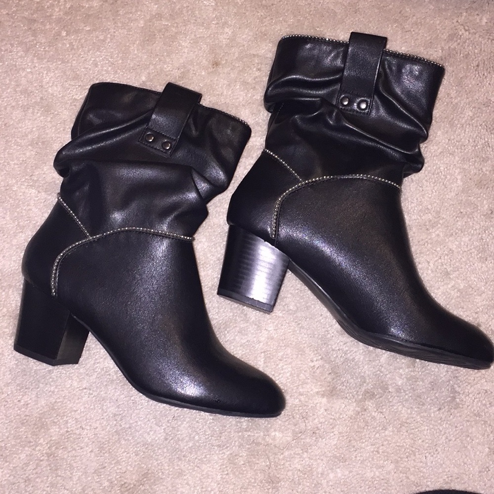 Black ankle booties with silver bead trim, size 6