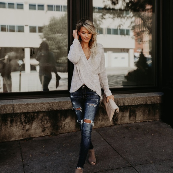 NATALIE Oatmeal Front Wrap Knit Sweater - Picture 7 of 8