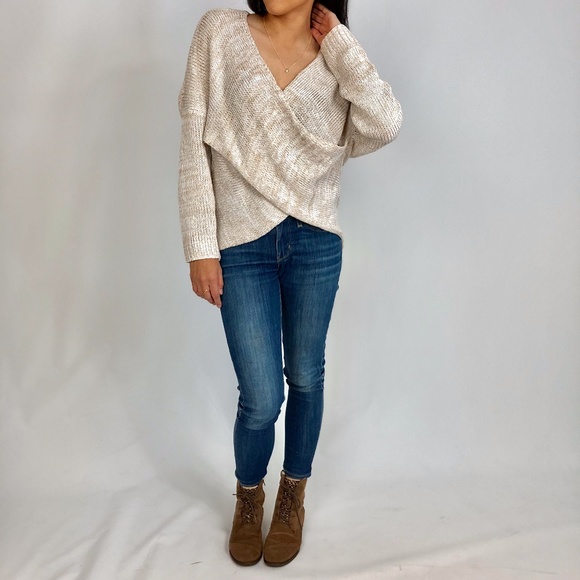 NATALIE Oatmeal Front Wrap Knit Sweater - Picture 2 of 8