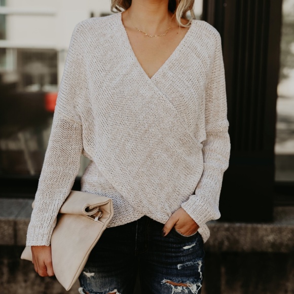 NATALIE Oatmeal Front Wrap Knit Sweater - Picture 6 of 8