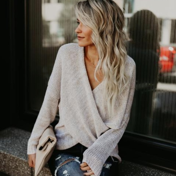 NATALIE Oatmeal Front Wrap Knit Sweater - Picture 4 of 8