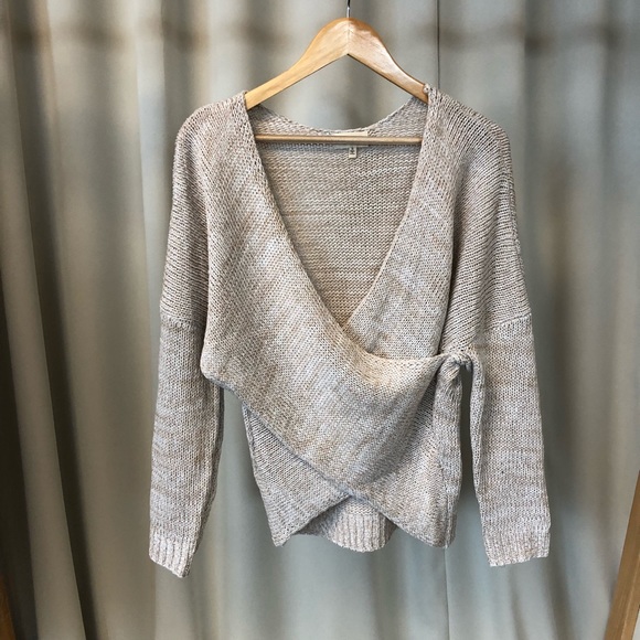 NATALIE Oatmeal Front Wrap Knit Sweater - Picture 5 of 8