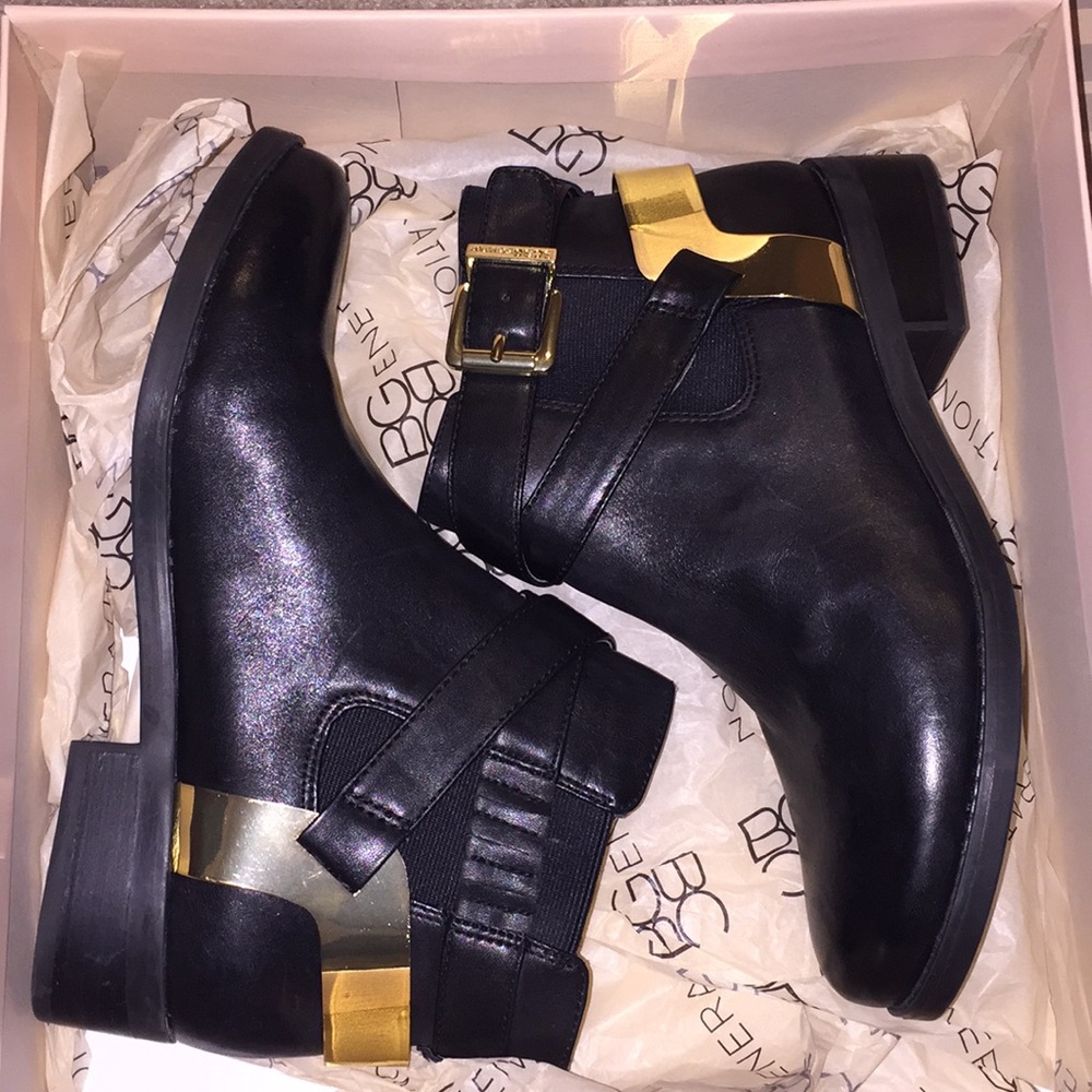 BCBG black/gold booties, size 6 US