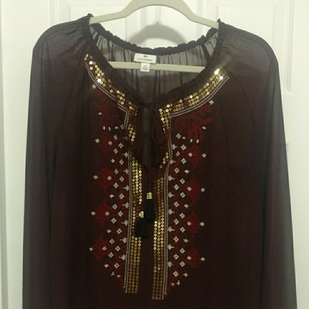 Maroon sheer peasant-style blouse