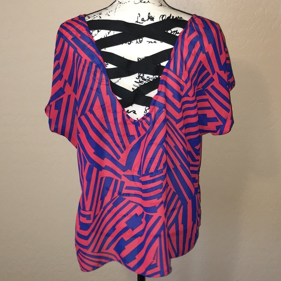 Red/blue Sheer top w/ edgy criss cross back design - Picture 1 of 5