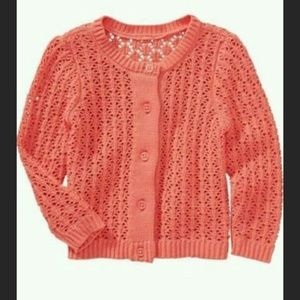 GIRLS POINTELLE KNIT CARDIGAN SWEATER CORAL