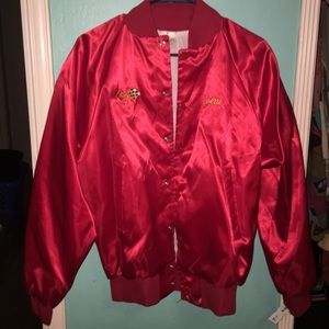 Red bomber with vintage patches