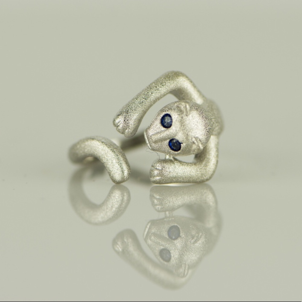 925 Sterling Silver Blue Rhinestone Cute Cat Ring
