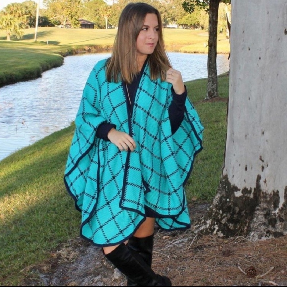 Turquoise & Navy Check Shawl