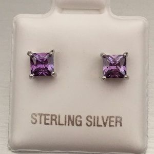 Sterling Silver 4MM Square Amethyst CZ Earrings, February Birthstone Earring