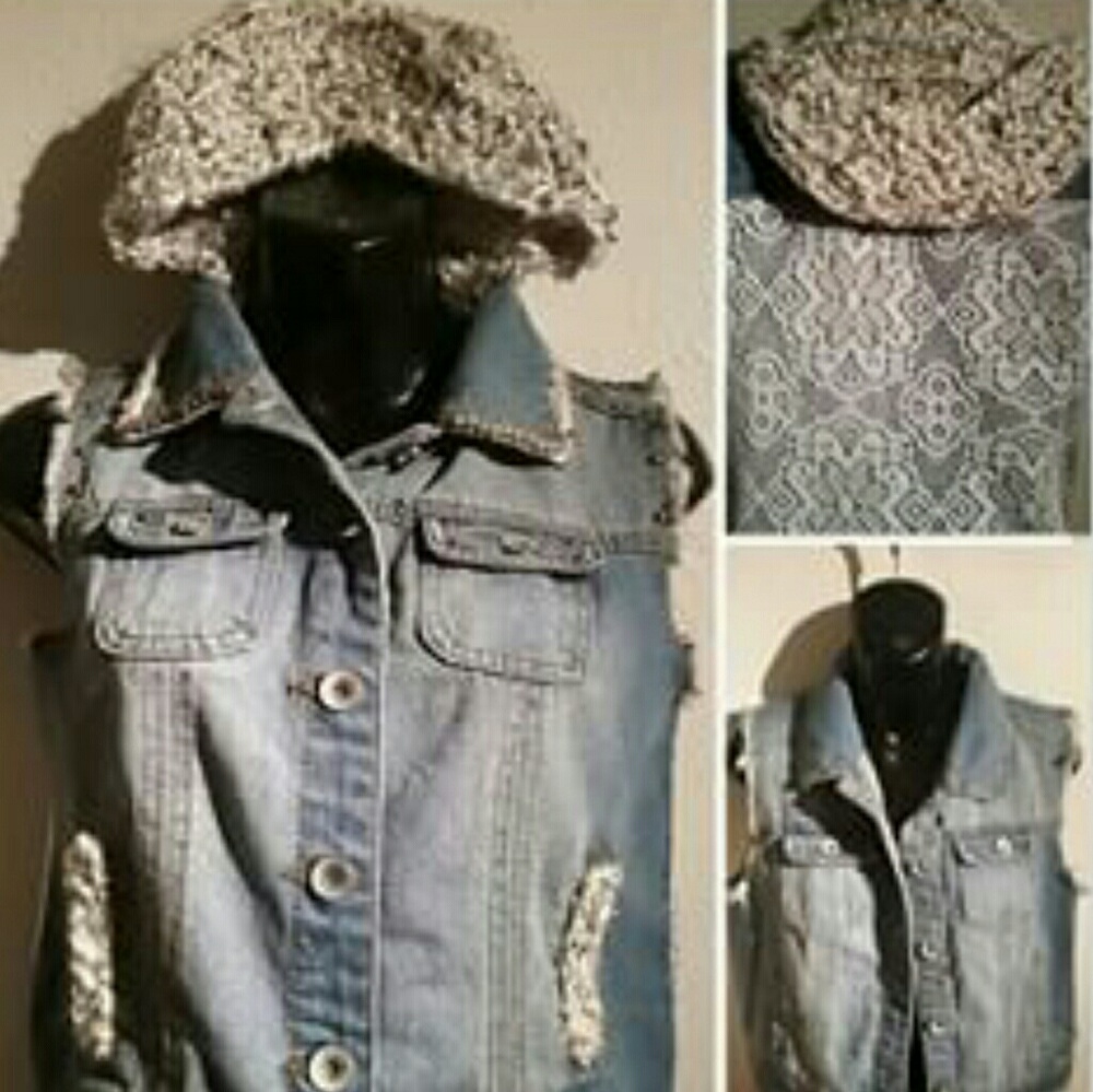 Denim Crochet Hoodie Vest