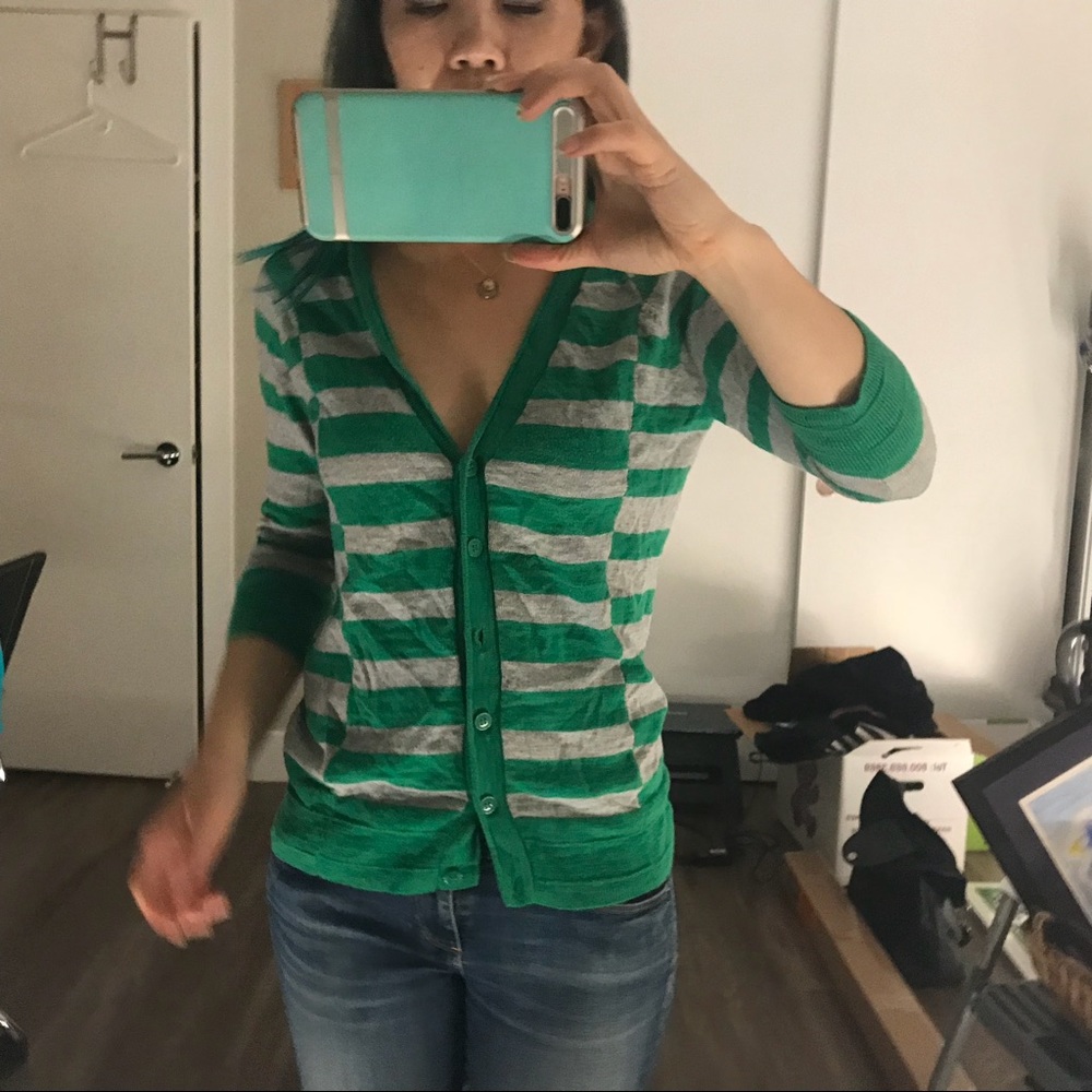 Caslon green and grey striped cardigan
