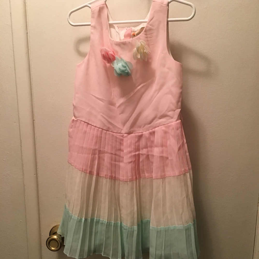 Pink, Green, Yellow Pleated Dress - Size 6