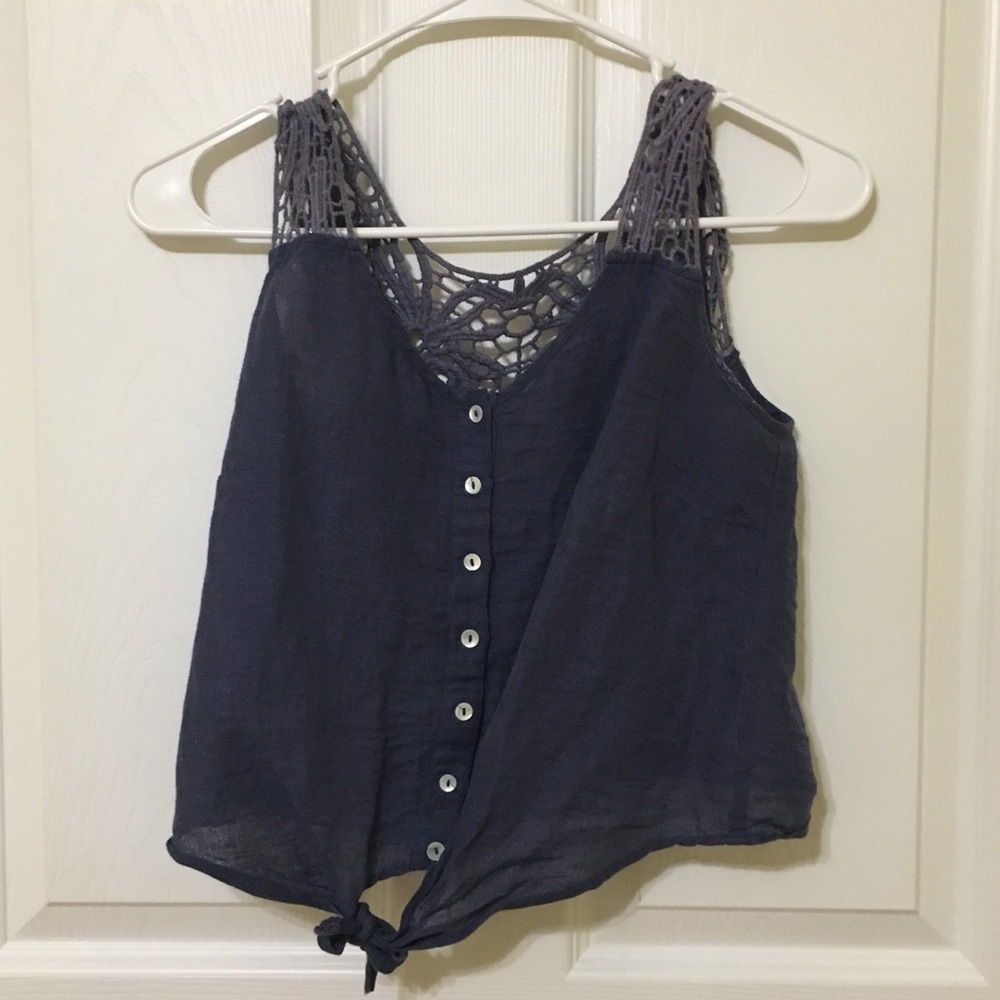 Lace back button down navy blue cropped top