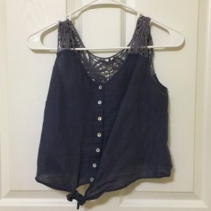 Lace back button down navy blue cropped top