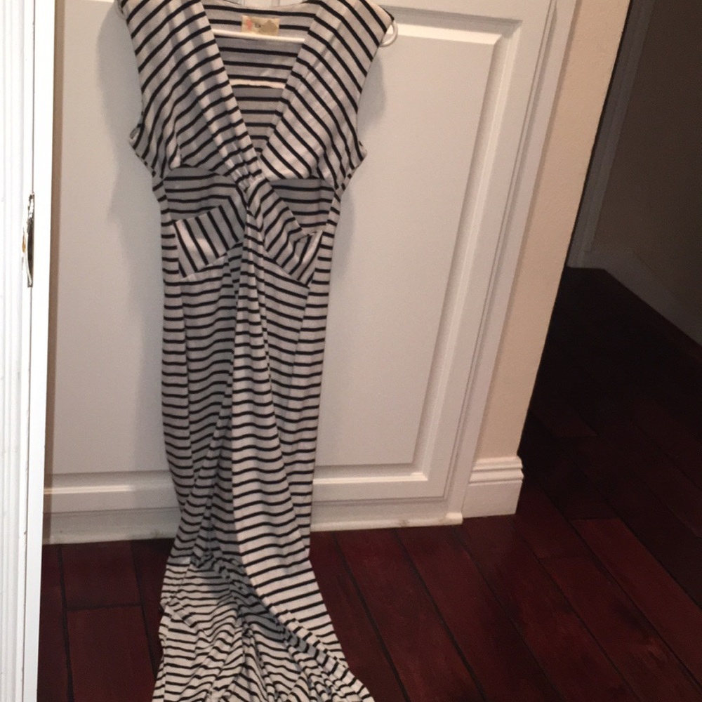 Stripped long slit dress with under boobs open!
